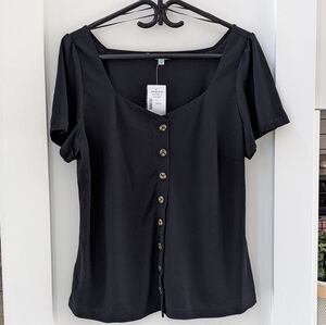 NWT Cleo Petites Black Short Sleeve Button Detail Blouse With Sweetheart Neck